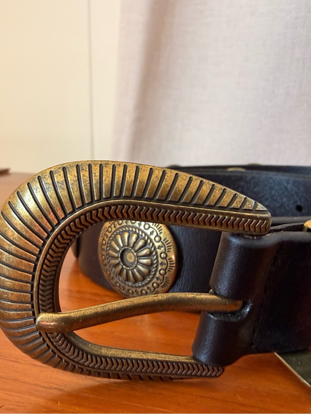Anthropologie Black Leather Belt with Antique Gold Decorative Buckle